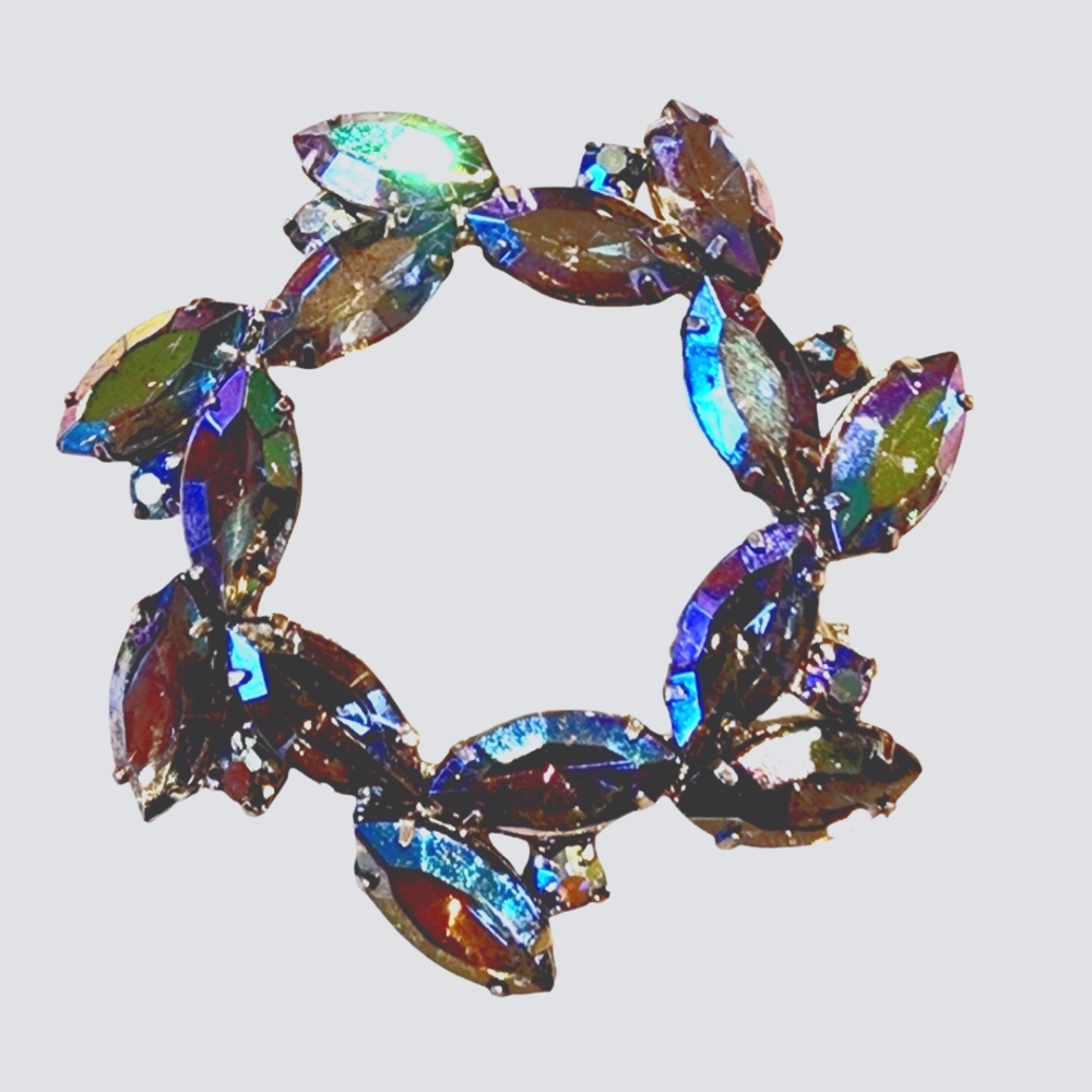 Smokey ab crystal brooch.  Possibly unsigned Sherman vintage circle pin 50s 60s